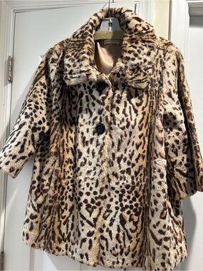 Lord & Taylor Leopard-Print Swing Fur Teddy Jacket in Tan and Brown